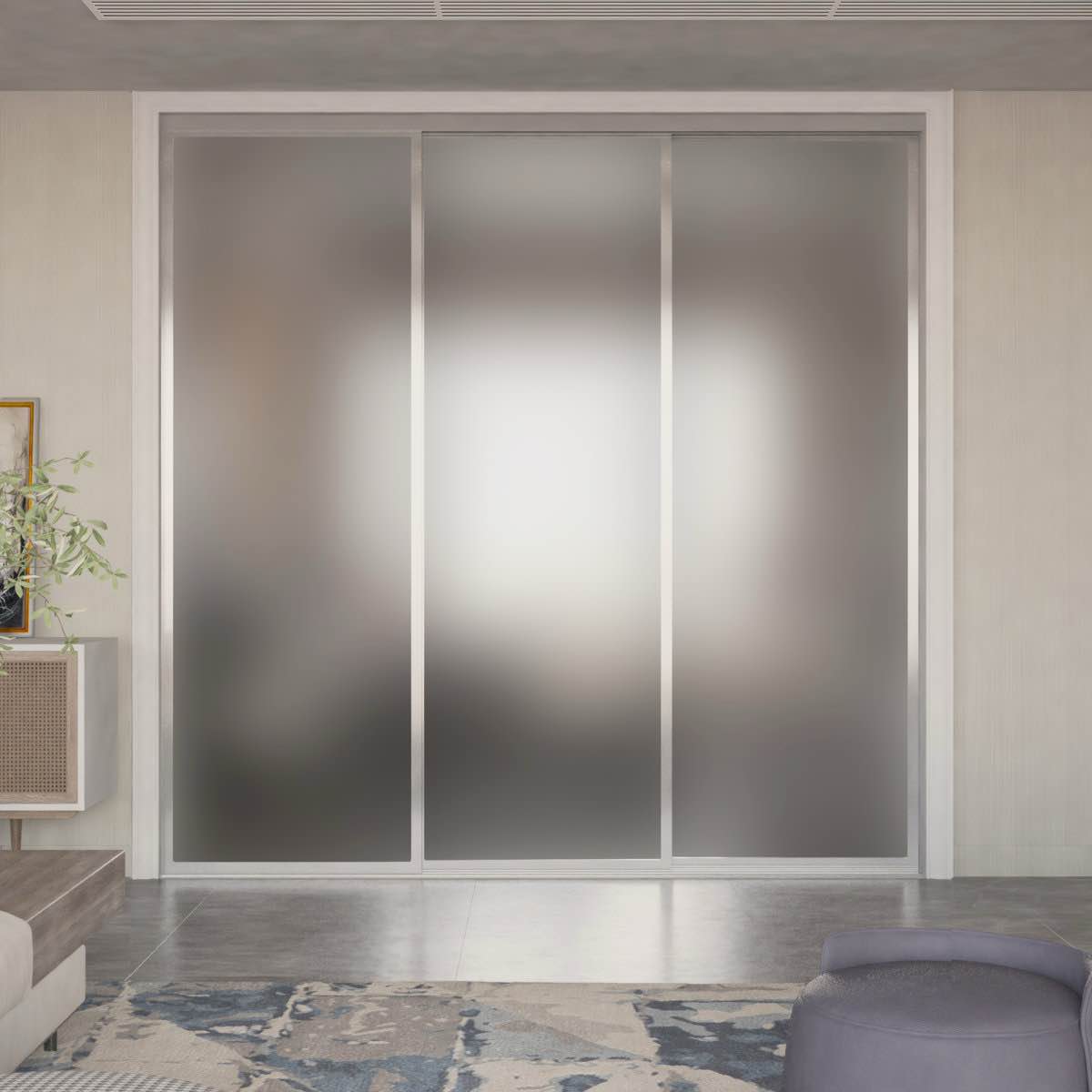 Condition photo showing New/Like New for 3 panel frosted glass room dividers - sliding closet doors, 3 silver transparent panels and charcoal track 120 x 96in.