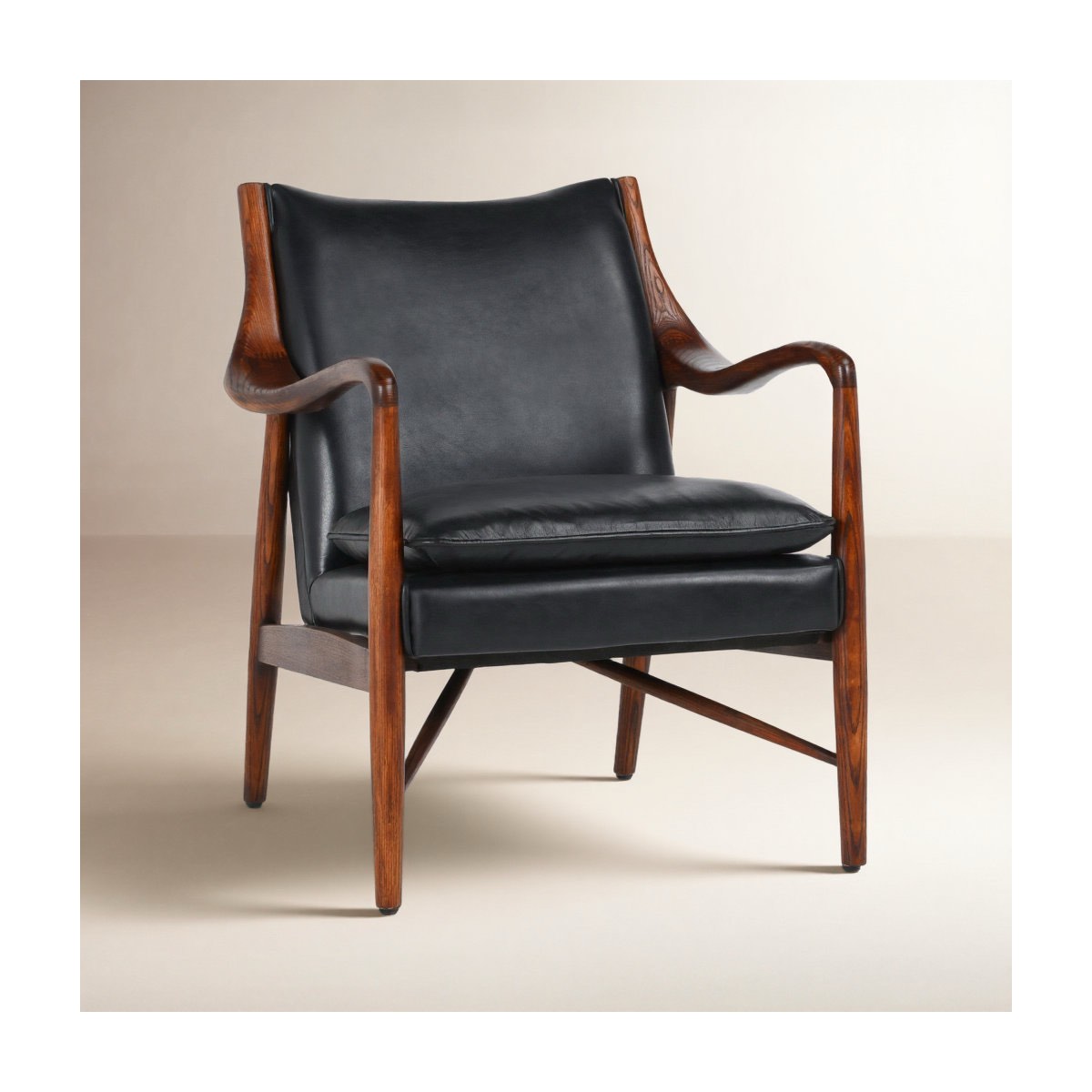 Condition photo showing Good Condition for kiannah genuine black leather accent chair. back of left arm has hairline crack (pictured) can be glued or filled-does not affect function 33.5'' h x 27.5'' w x 32'' d