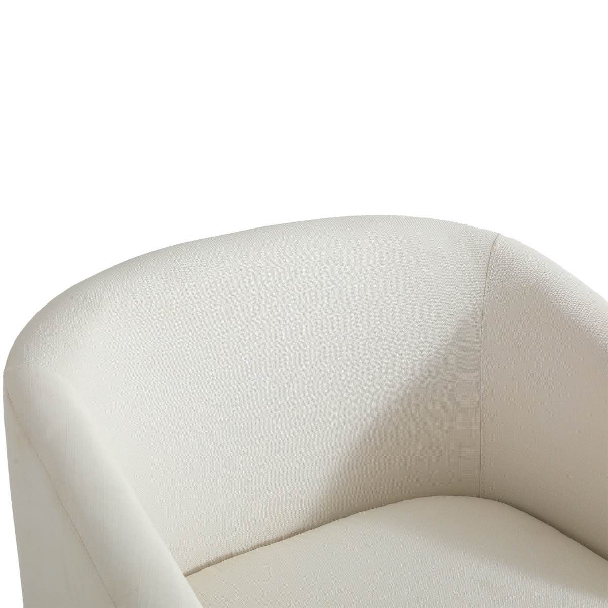 Condition photo showing New/Like New for upholstered beige cotton blend swivel barrel chair with solid wood base 17.3'' h x 24.1'' w x 21.1'' d