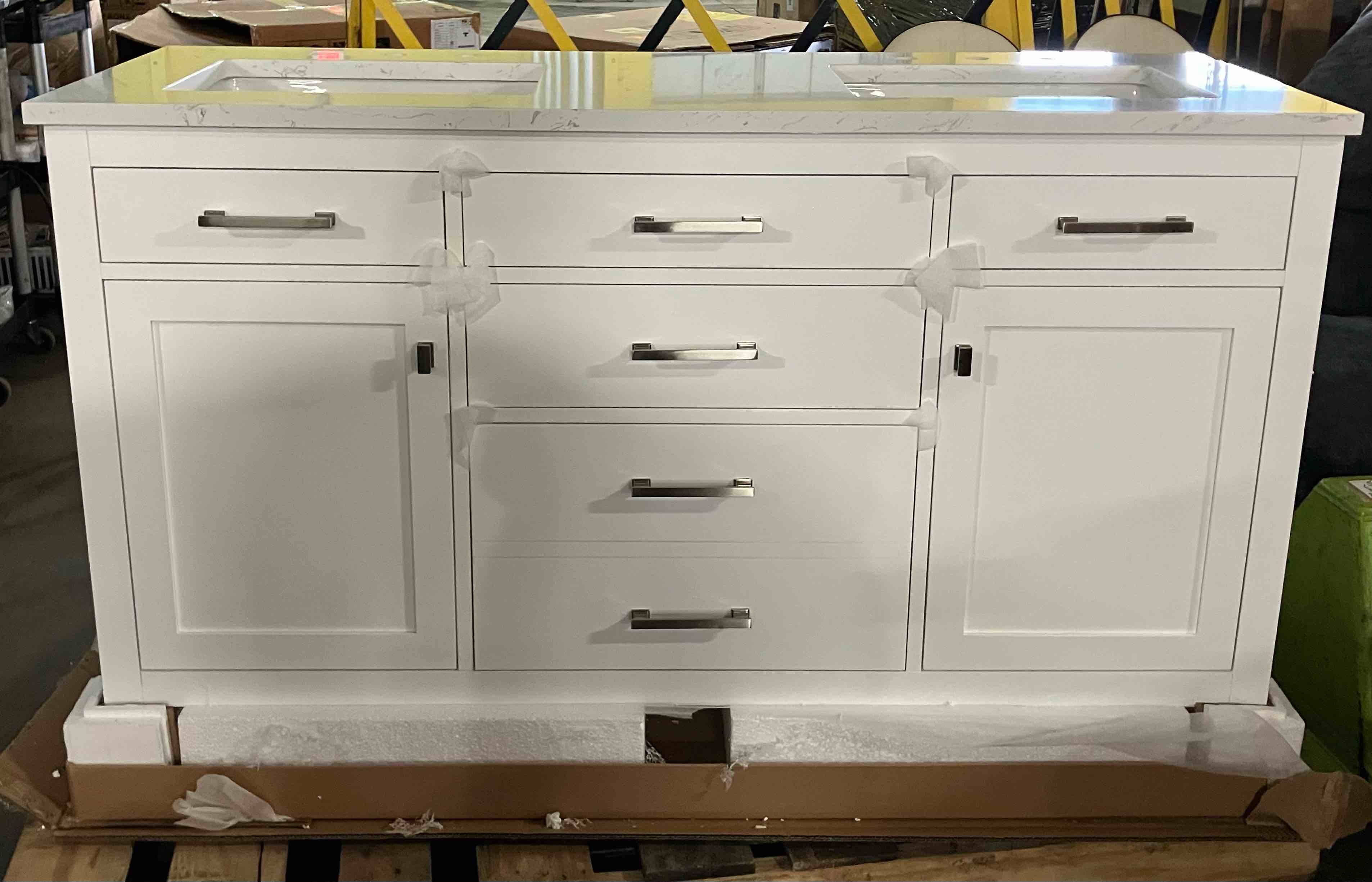 Condition photo showing New/Like New for london 71.5” double bathroom vanity in bright white - 71.5" w x 21.5" d x 34.25" h