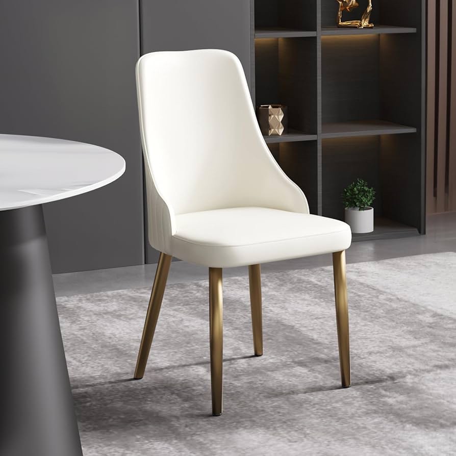 Condition photo showing New/Like New for beige vegan leather upholstered modern dining chair with metal legs (set of 2) h 36.22 in, w 21.66 in, d 21.66 in