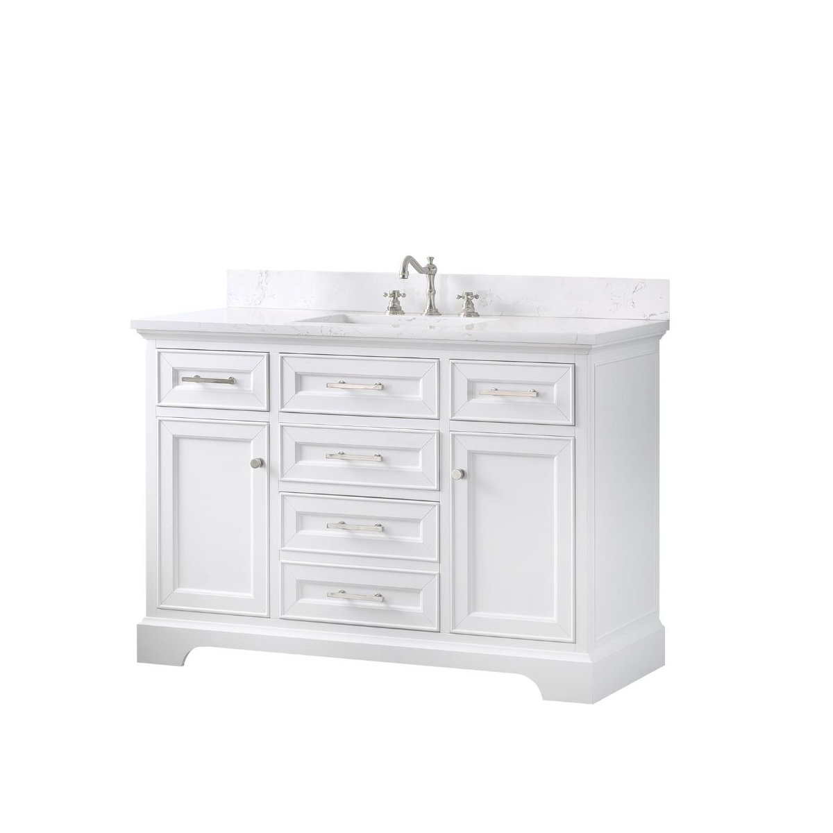 Condition photo showing Good Condition for white thompson 48" w single vanity, countertop has hairline crack (can be sealed), under mount sink broken (replacements available at any hardware store), 34'' h x 48'' w x 22''