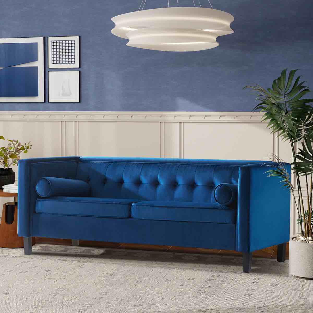 Condition photo showing New/Like New for blue velvet chelsea 77'' w mid century upholstery tufted sofa (legs sold separately, available through amazon for $15) 30'' h x 77'' w x 32'' d