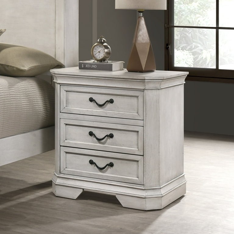 Condition photo showing New/Like New for roundhill furniture maderne wood 3-drawer nightstand, antique white finish