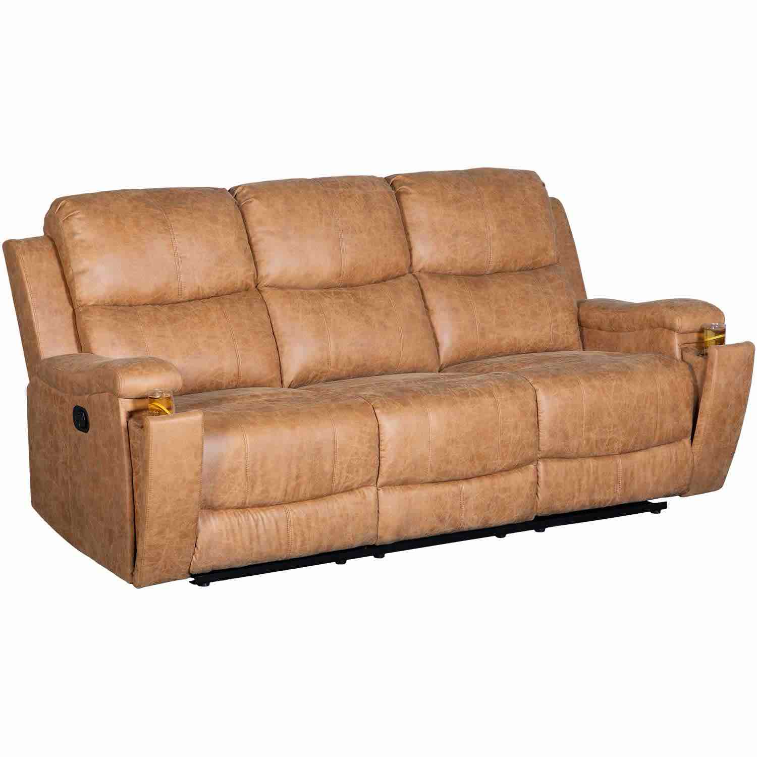 Condition photo showing New/Like New for tanner vegan brown leather power recliner with stowed cup holders and usbs, 84 x 32 x 42