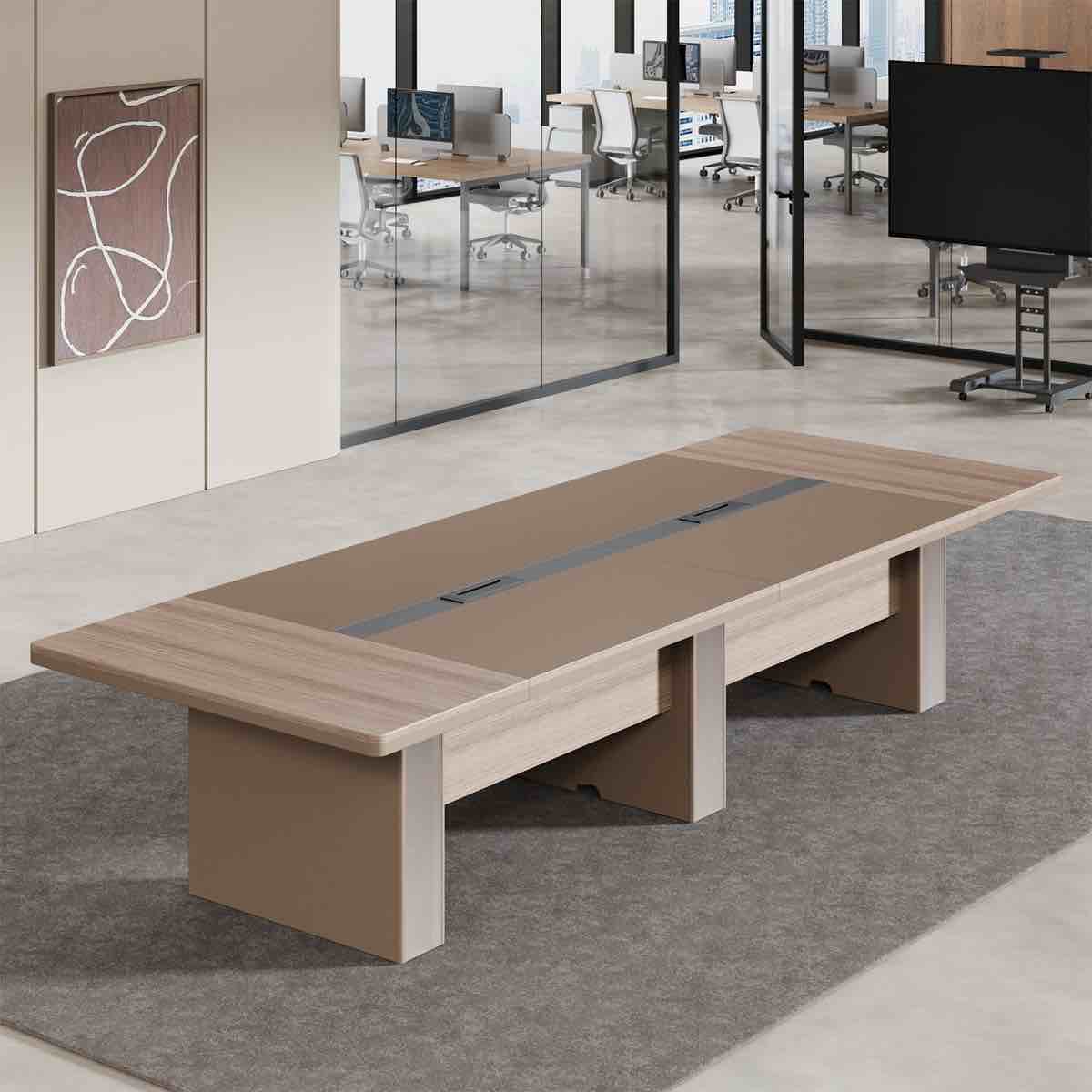 Condition photo showing New/Like New for modern two tone ergonomic conference table- grey and wood grain (see lot photos for exact colors) new in box 29'' h x 142'' l x 51'' d