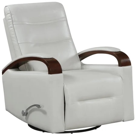 Condition photo showing New/Like New for modern swivel gliding vegan leather recliner in smoke with solid rubberwood arms (new in box) 39.5'' h x 40'' w x 31.5'' d