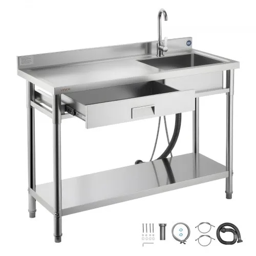 vevor stainless steel utility sink, rolling single bowl commercial kitchen sink with drawer, faucet and hot & cold water pipe, utility basin for garage, restaurant, laundry, 47.2 x 19.7 x 37 in