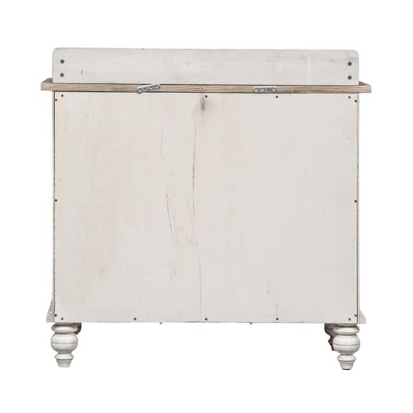 Condition photo showing New/Like New for liberty furniture oak wood 2 tone walnut and weathered grey 2 door whitney server sidetable with single shelf and iron handles. 42" w × 18" d × 41" h