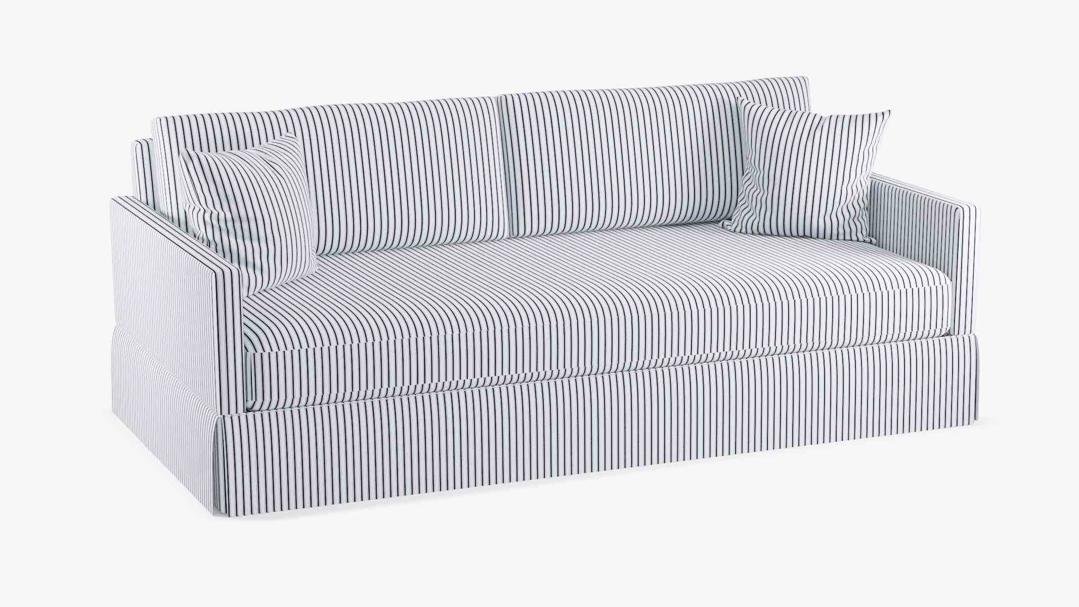 Condition photo showing New/Like New for blue and white ticking stripe sleeper sofa (scratch and dent) see photos for exact model 39 x 39 x 89