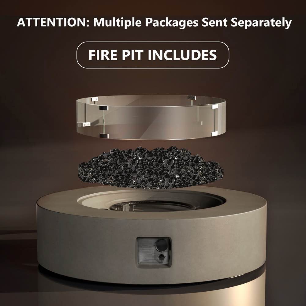 Condition photo showing New/Like New for cosiest outdoor 41''round grey concrete fire pit table with wind guard - grey. 40.5 in. w x 40.5 in. l x 11.8 in. h