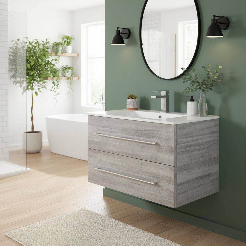 Condition photo showing New/Like New for kato 30 in. w x 19 in. d x 20 in. h single sink wall mounted 2 drawer distressed grey bathroom vanity with cultured marble top in white
