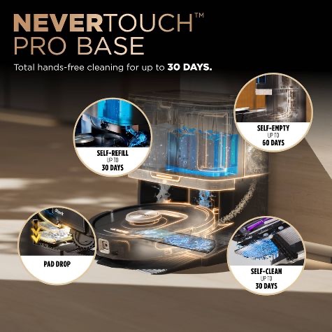 Condition photo showing New/Like New for shark power detect 2-in-1 cordless robot vacuum and mop with nevertouch pro (in box, gently used) 17.5 inches (h) x 14.33 inches (w) x 18.8 inches (d)