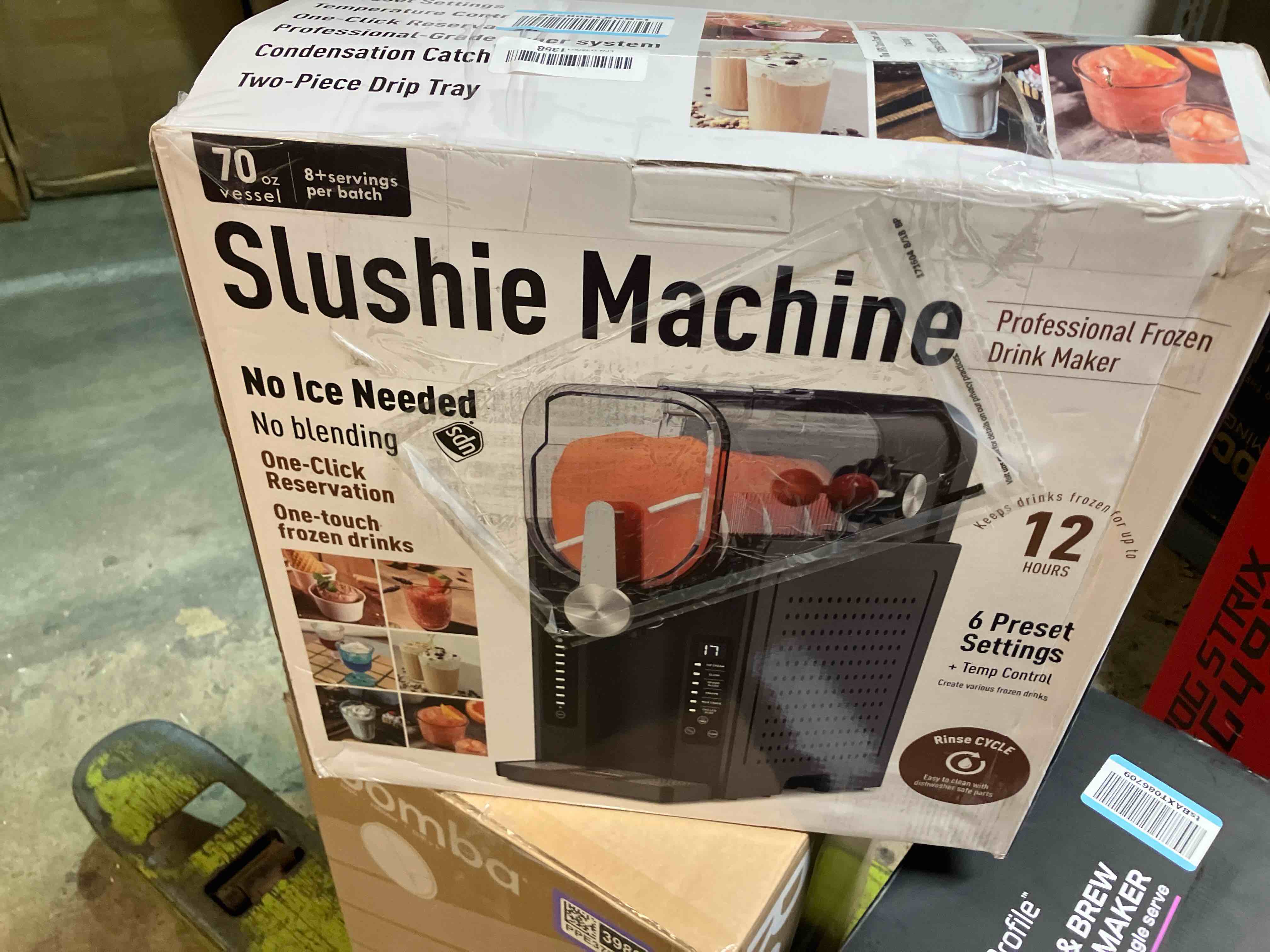 Condition photo showing New/Like New for professional frozen drink maker,no ice needed slusher machine with real-time temperature display & auto-clean,6 preset programs for ice cream,smoothies,milkshakes,perfect for summe