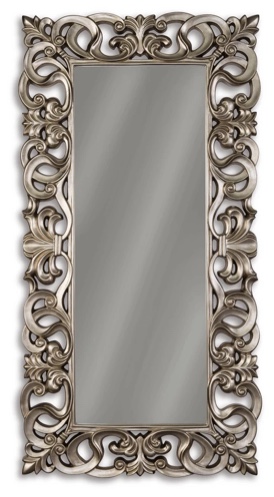 Condition photo showing New/Like New for lucia polyresin antique silver painted floor mirror with ornate carvings. width: 34.50" height: 70.00" depth: 1.63"