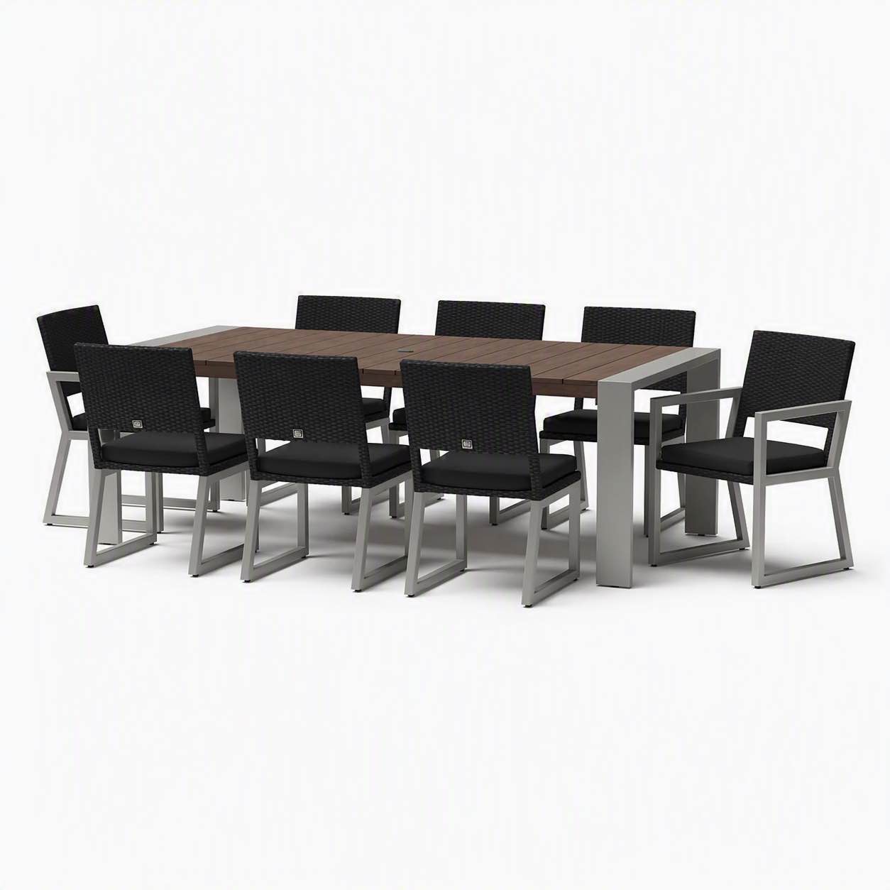 Condition photo showing New/Like New for milea 8pc dark brown wicker dining chairs with black cushions and metal frame. 24 in. w x 25 in. d x 35 in. h