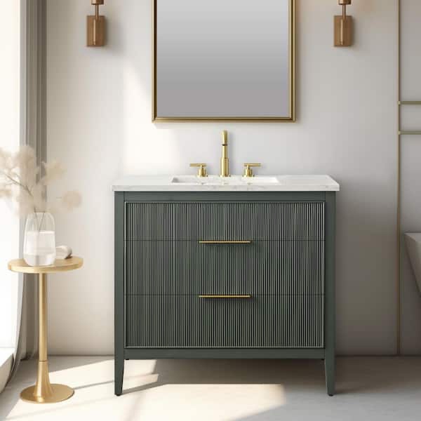emma 36 in. single sink freestanding fluted bathroom vanity in vintage green with arabescato engineered stone top and matte gold handles. product depth (in.) 22.00 in product height (in.) 34 in product width (in.) 36 in