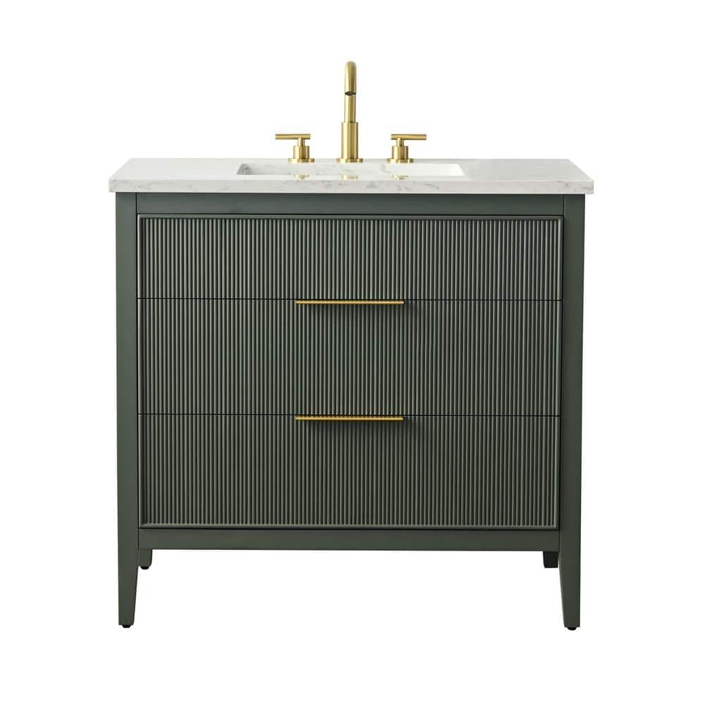 Condition photo showing New/Like New for emma 36 in. single sink freestanding fluted bathroom vanity in vintage green with arabescato engineered stone top and matte gold handles. product depth (in.) 22.00 in product height (in.) 34 in product width (in.) 36 in