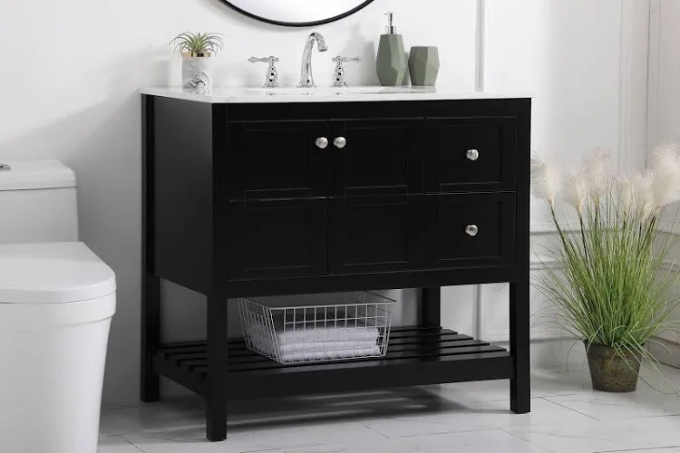 Condition photo showing New/Like New for theo 36" black free standing single basin vanity with cabinet, 2 drawers, open base shelf, and stone vanity top with grey veining and brushed nickel knobs. depth:22 in. height:34 in. nominal width:36 in.