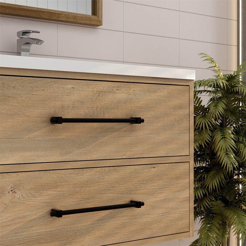 Condition photo showing New/Like New for victoria 30" wall mounted natural 2 drawer bathroom vanity with black handles and white acrylic sink top. width: 30 inchesdepth: 20 inchesheight: approx. 22 inches (cabinet body)