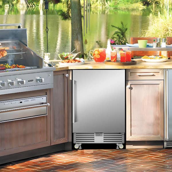 Condition photo showing New/Like New for 24 in. built-in/freestanding outdoor beverage center in stainless steel with 4 wheels and digital temperature control. product depth (in.) 22.63 in product height (in.) 34.25 in product width (in.) 23.42 in