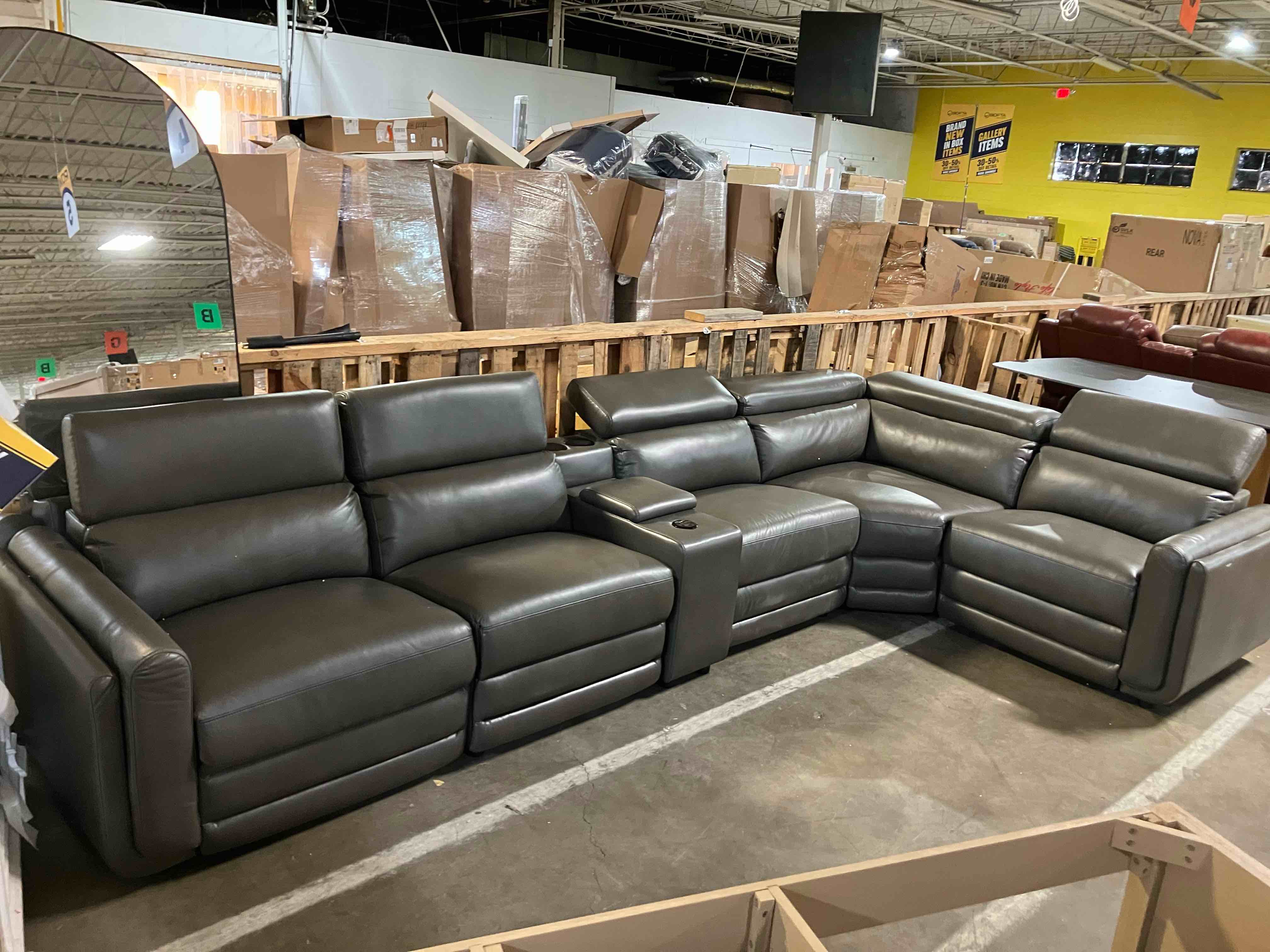 Condition photo showing New/Like New for oversized power recliner sectional sofa, leather recliner sofa, dark grey | 3 bluetooth speakers & hidden storage, modern l shaped reclining couch with 6 charging ports - scratch and dent item