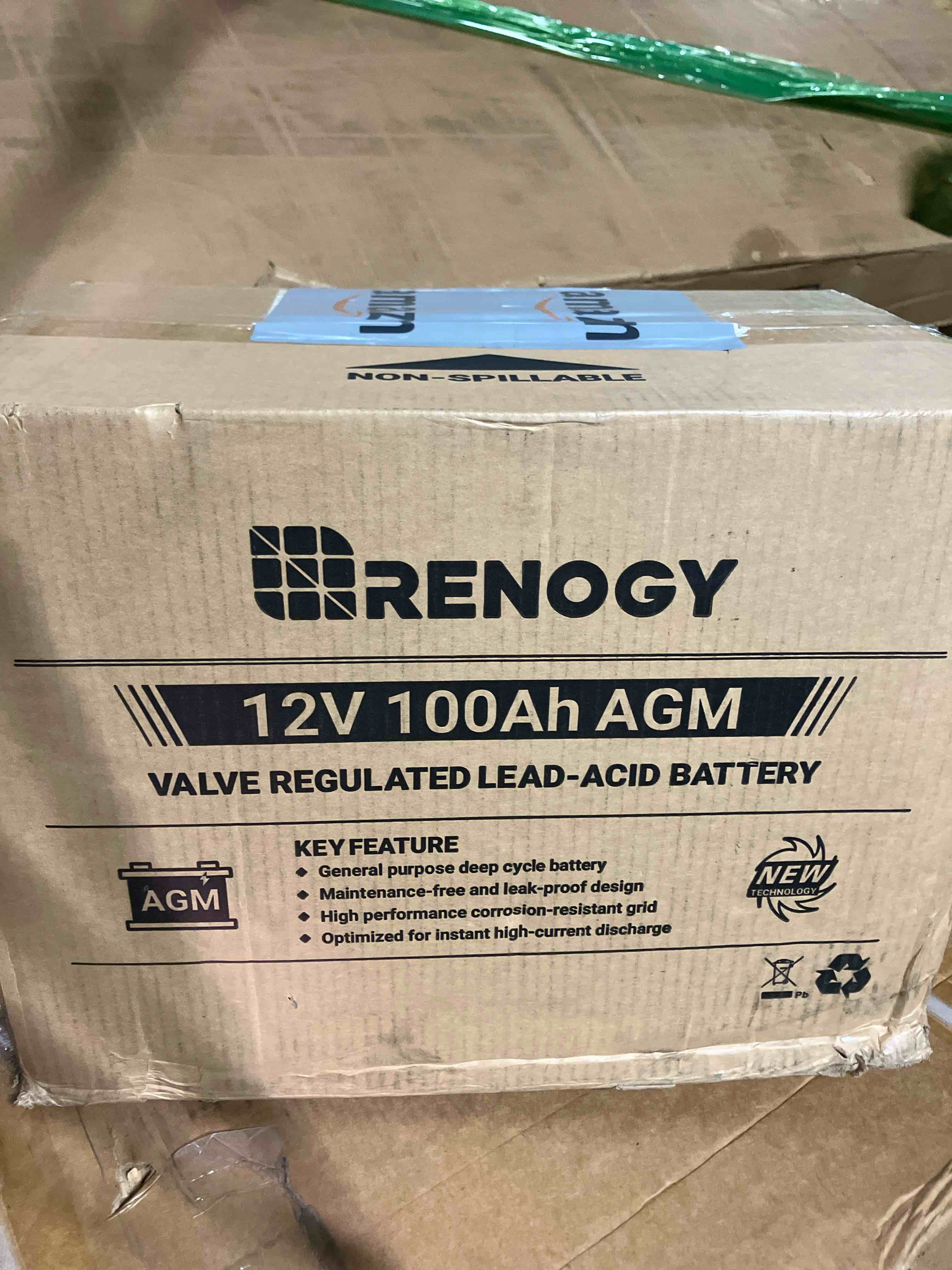 Condition photo showing New/Like New for renogy deep cycle agm 12 volt 100ah battery, 3% self-discharge rate, 1100a max discharge current, safe charge appliances for rv, camping, cabin, marine and off-grid system, maintenance-free