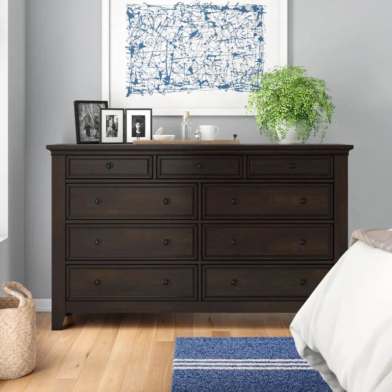 Woodside 66'' W Black Scored Rubberwood 9 - Drawer Dresser with Antique Bronze Handles. 40'' H X 66'' W X 20'' D