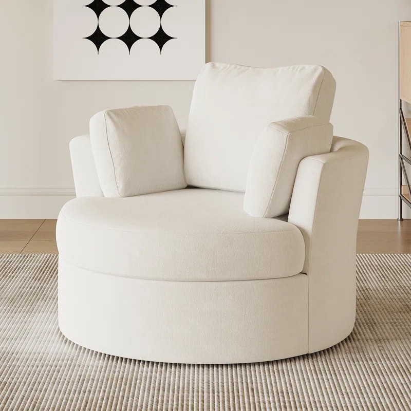 Berey Slipcovered White Chenille Swivel Barrel Chair, Accent Pillows Included. 34.2'' H X 42.1'' W X 40.6'' D