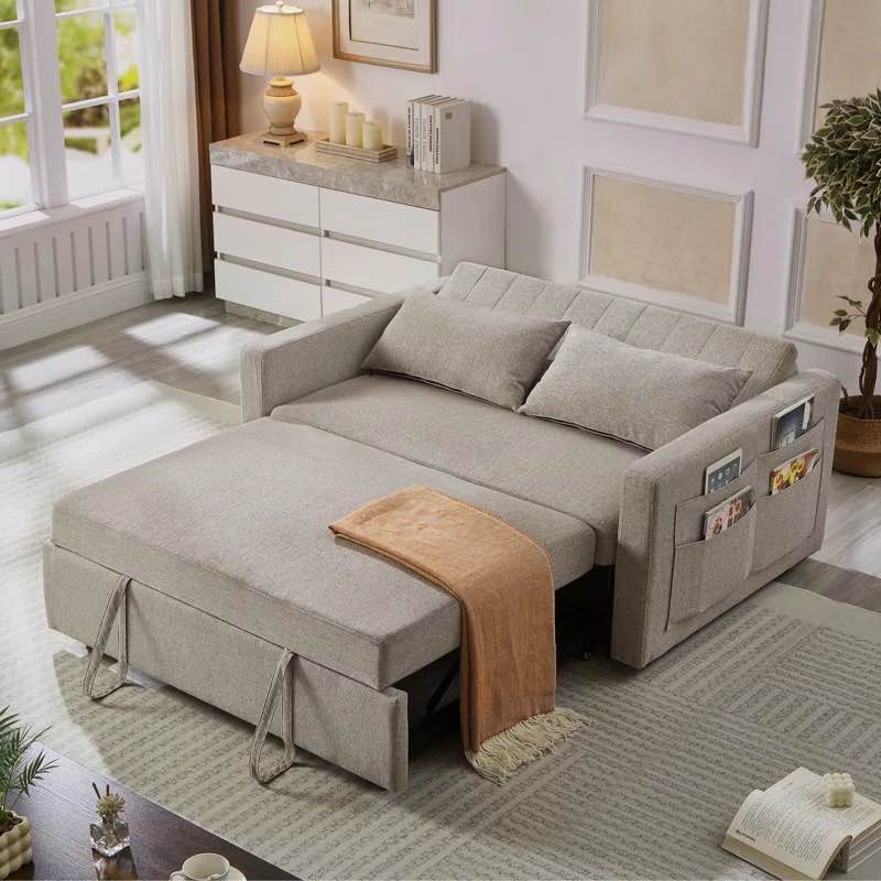 Lateresa 54'' Small Loveseat Pull-Out Sofa Bed - Adjustable Backrest With 2 Soft Pillows in Light Grey. 31.1'' H X 37.4'' D