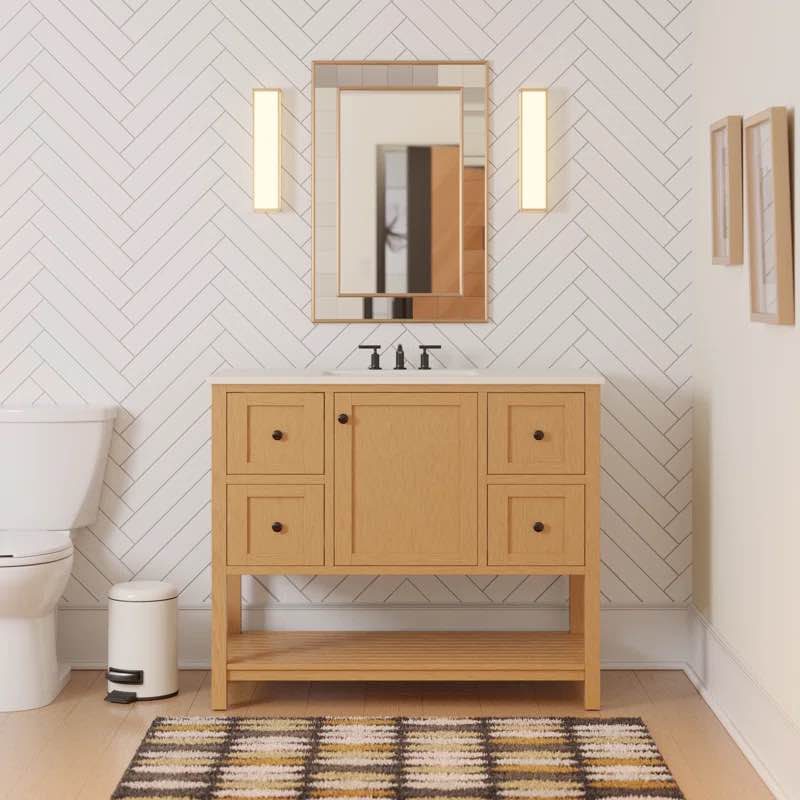 Binne 42" Blonde Pine Wood Single Bathroom Vanity Set with White Engineered Stone Top, Open Base Shelf, 4 Soft Close Drawers, 1 Cabinet, Black Knobs. 35'' H X 42'' W X 22'' D