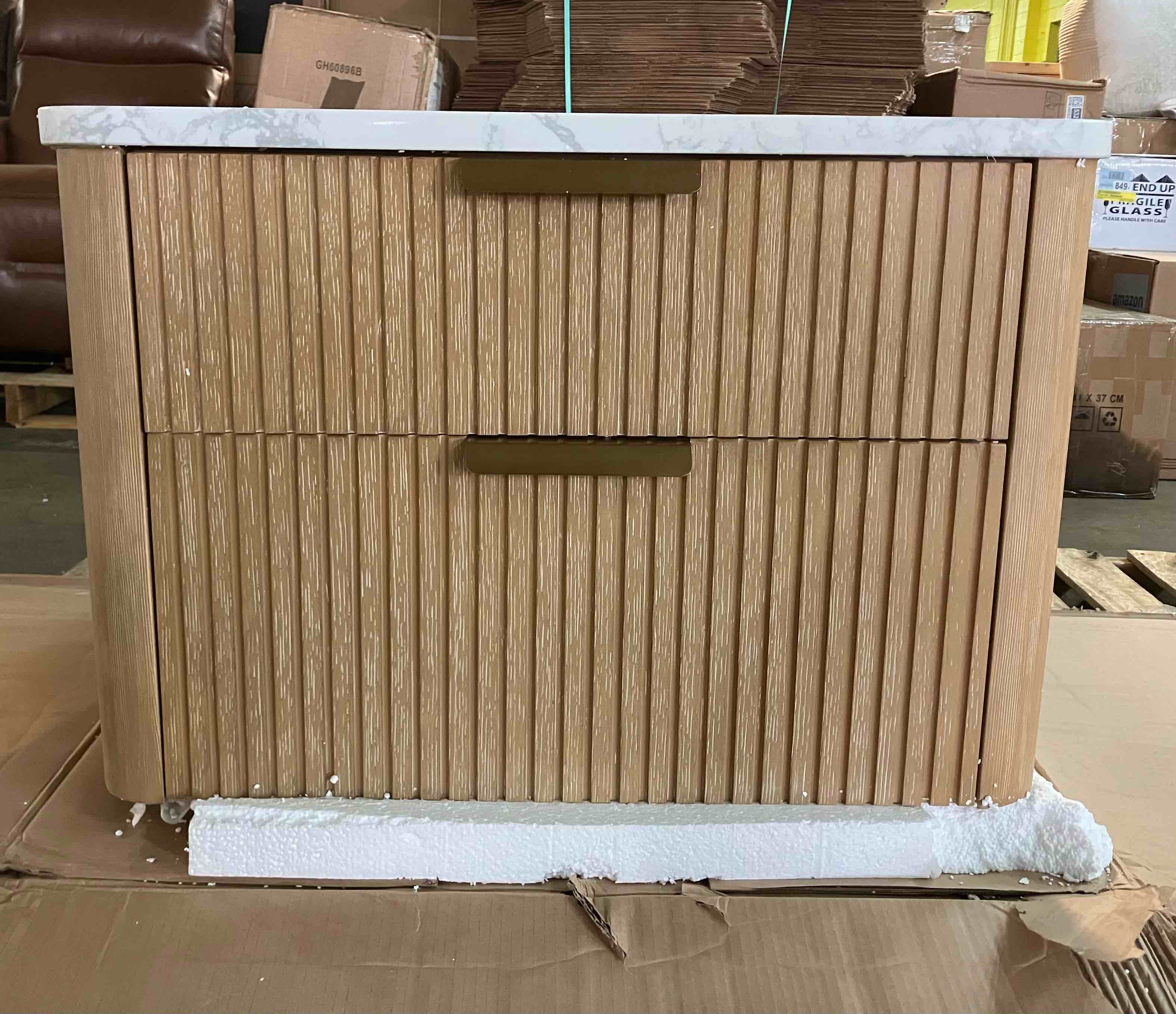Condition photo showing Good Condition for Liljan 30'' Wall-Mounted Single Bathroom Vanity with Engineered Stone Top -(the back left corner of vanity is chipped, and the sink has a hairline crack on the rear left side, pictured)