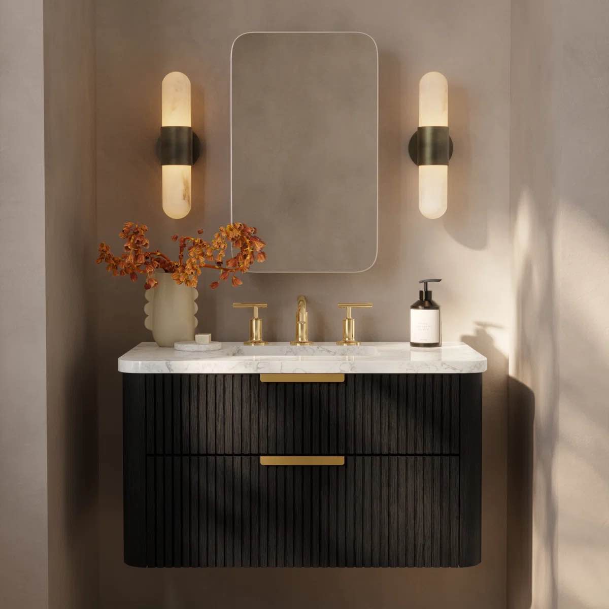 Liljan 36'' Oak Wood Wall-Mounted Single Bathroom Vanity in Black with 2 Line Carved Drawers, Brushed Bronze Handles, and Arabescato Stone Sink Top. 20'' H X 36'' W X 20'' D