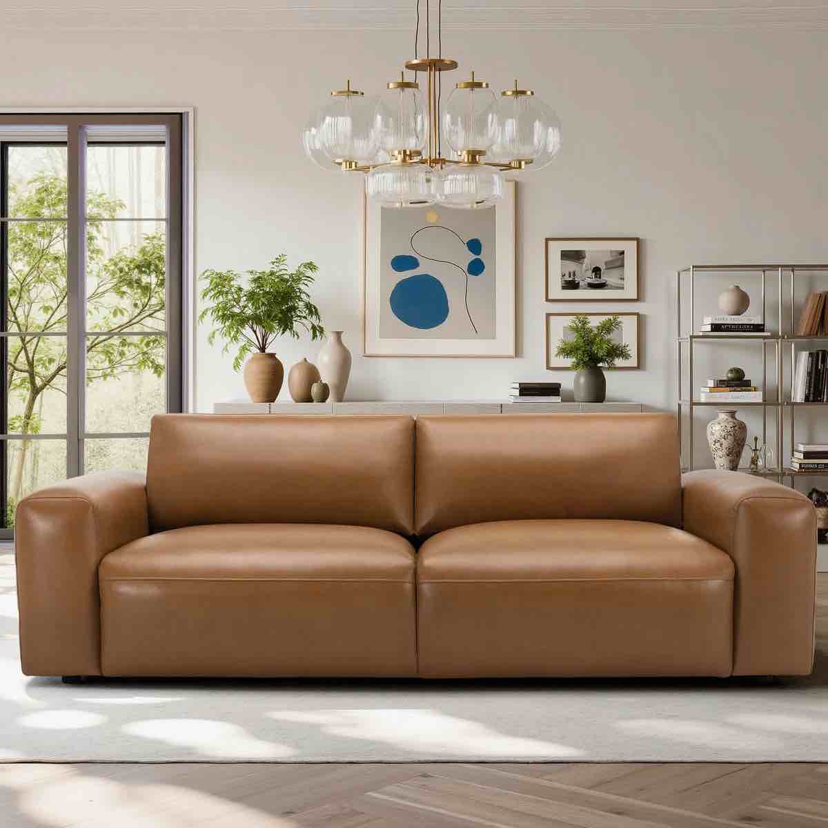 Benthe 95'' Plush Brown Vegan Leather 2 Seater Sofa, 32'' H X 95'' W X 43'' D