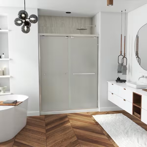 Encore 60 in. W x 76 in. H Semi-Frameless Bypass Sliding Shower Door in Brushed Nickel with Frosted Glass