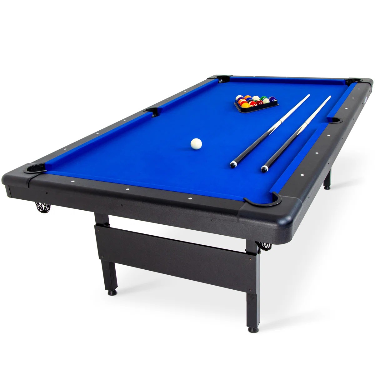 Condition photo showing Good Condition for GoSports 6’ Billiards Game Table with Blue Felt and Fold In Design- minor marks along back, still fully functioning. Plastic Triangle needs replaced, balls and cues in brand new condition. 