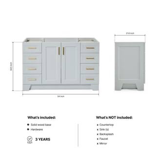 Condition photo showing Good Condition for Bath Cabinet- Taylor 54 in. W x 21.5 in. D x 34.5 in. H Freestanding Bath Vanity Cabinet Only, - (Good condition because of minor scratches, scuffs and chips along left front corner (pictured), includes sink bowl)
