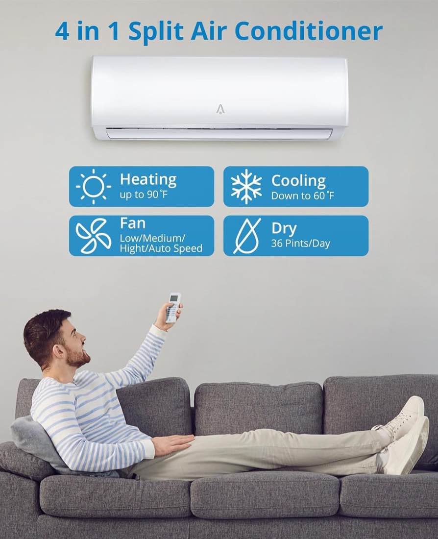 garvee mini split ac/heating system with wifi, 12000 btu 19 seer 2 115v~, suitable for 750+ sq. ft, 6 operating modes (cool, heat, dry, fan, sleep, eco), 5 fan speeds, a 4d airflow design, and a quiet 30 db operating. 