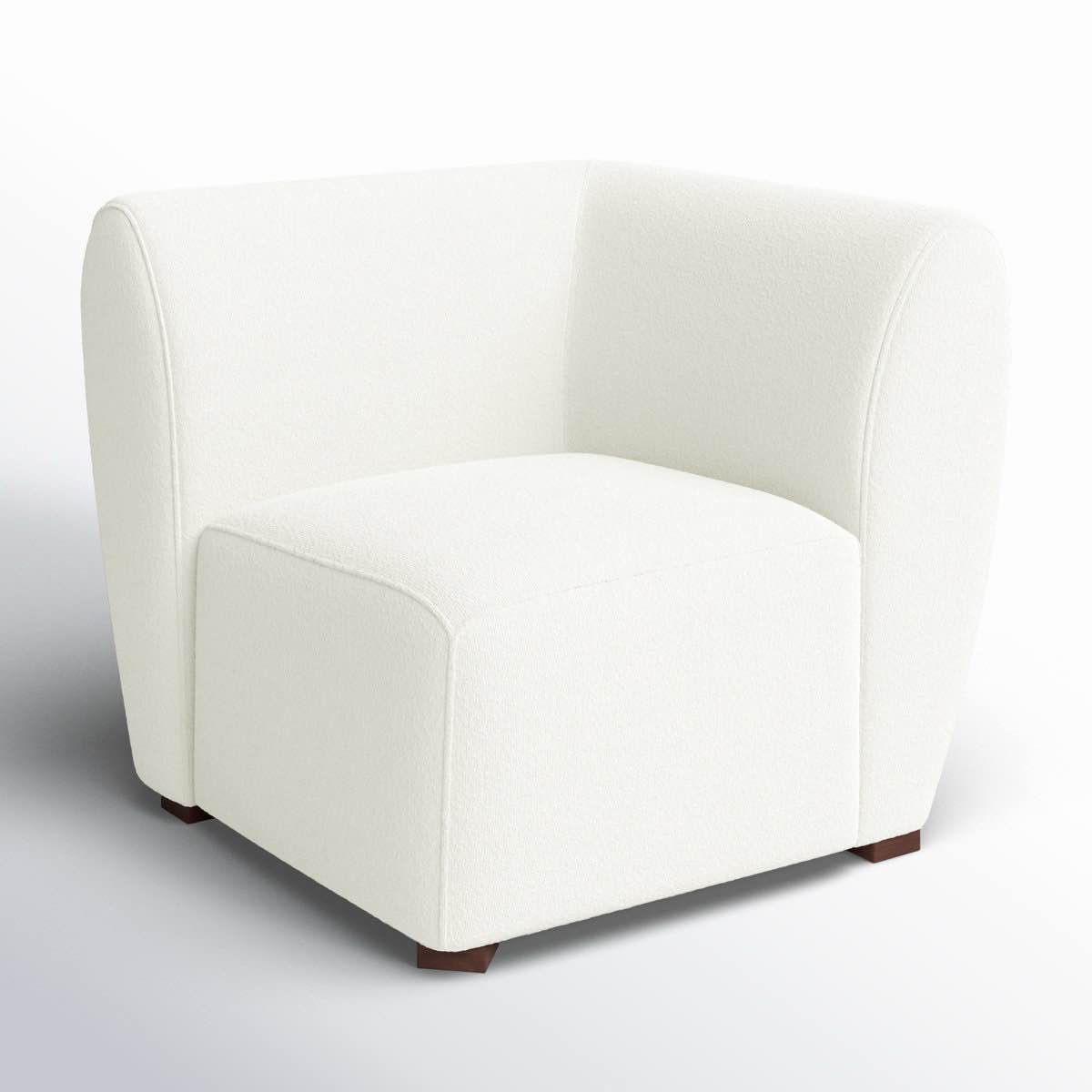 Condition photo showing Good Condition for Off White Armchair- Brayden Studios Lochlan Off White Boucle Upholstered Armchair, missing legs can be ordered on Amazon, small smudge on front corner (pictured) can be cleaned 30.91'' H X 36.02'' W X 36.02'' D