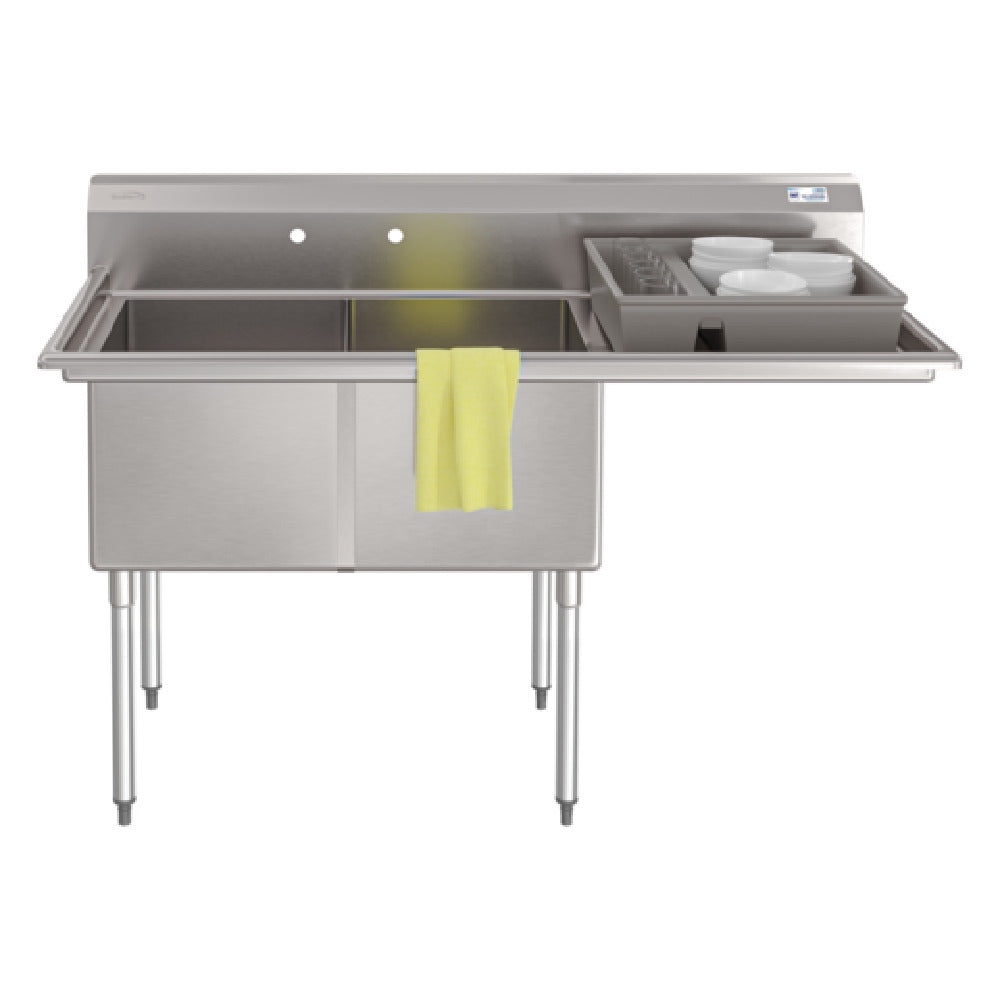 Condition photo showing New/Like New for Commercial Sink- Koolmore KM-SB182414-24R3 63 Inch Commercial Sink Two Compartment 18 Gauge Seamless Stainless Steel with Drainboard, sink only legs sold separately, Width	63" Depth	30"