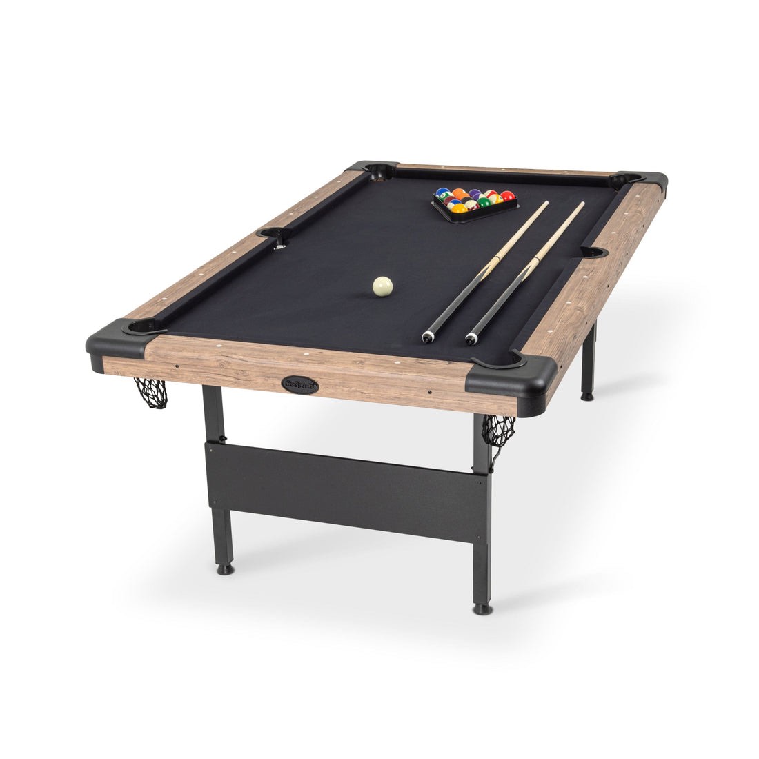 GoSports 7ft Billiards Table with Oak Frame and Metal Fold-In Leg Base for Easy Assembly. Includes Full Set of Balls, 2 Cue Sticks, Chalk and Felt Brush, 84 L x 47 W x 31 H