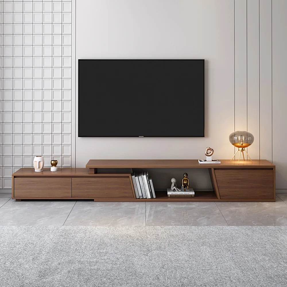 fero walnut extendable tv stand with 3 drawers, and open shelf, 110.2'' w x 15.7'' d x 15.7'' h