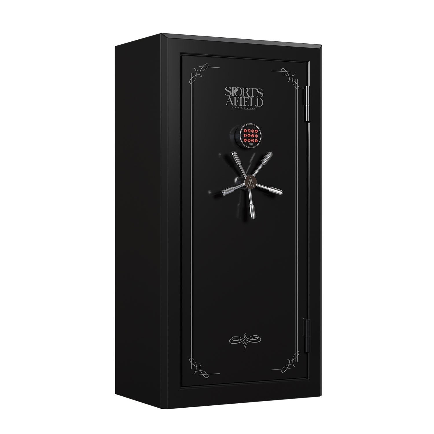 sports afield 32-gun fireproof and waterproof safe with electronic lock. keys not included, locksmith will be able to open and reset safe for you, keypad inside. minor cosmetic scuffs and scratches along sides and back and one on front. 56”h x 28”w x 19”d