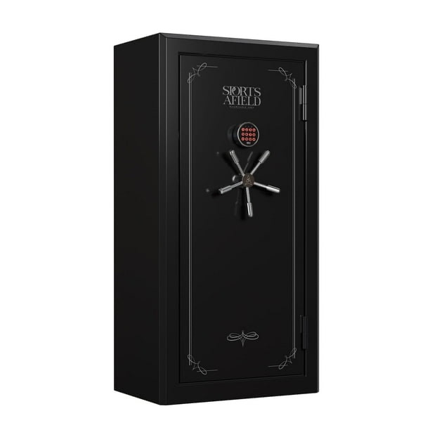 sports afield 32-gun fireproof and waterproof safe with electronic lock. handle needs replaced, locksmith can unlock and reset safe for you. minor dent on bottom right corner. 56”h x 28”w x 19”d