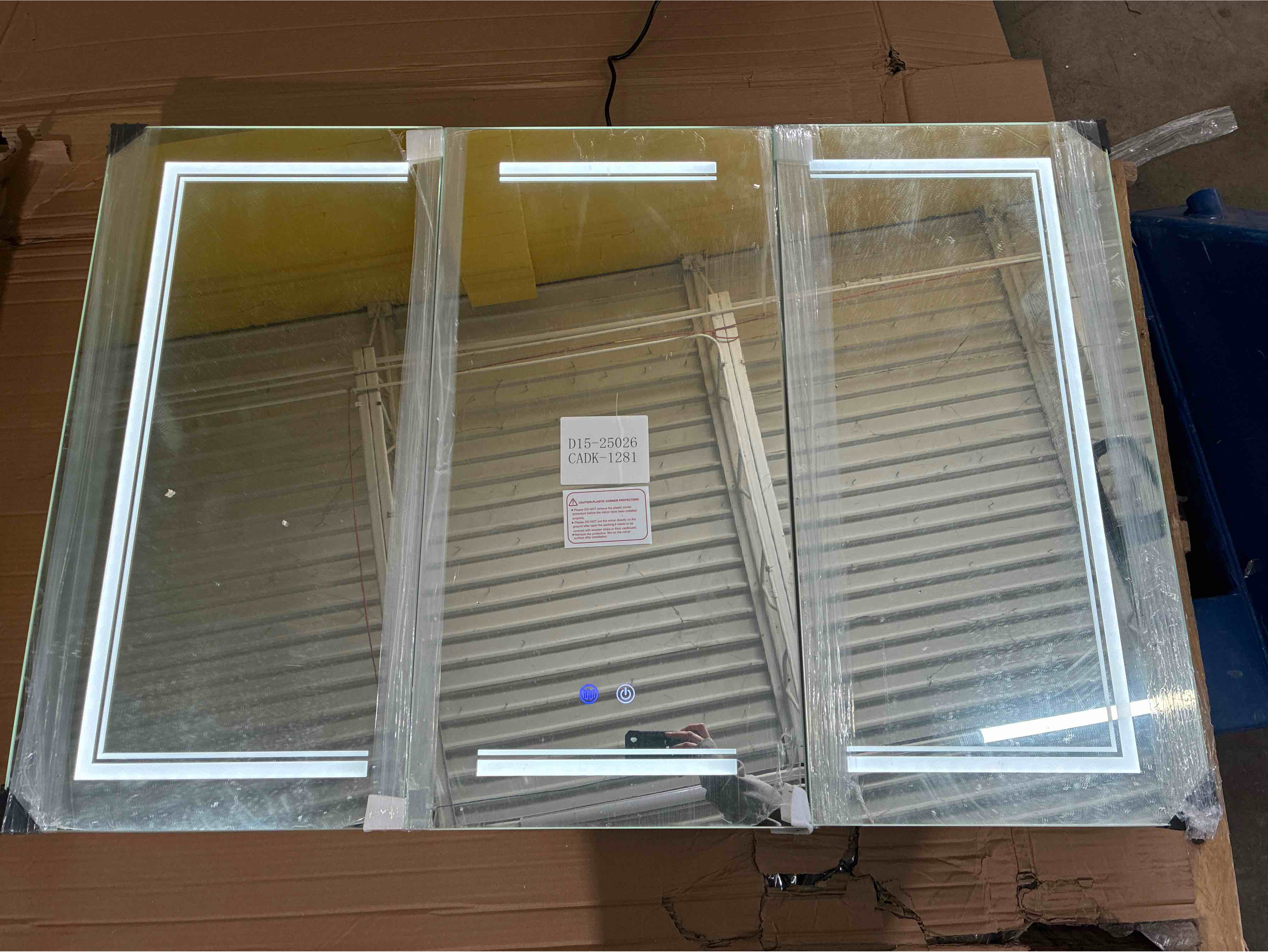 Condition photo showing Good Condition for High-End Led Medicine Cabinet, 3 Color Dimmable Edges, Surface Mount or Recess Mount, 2 Tier Lighted Shelves. Mirrored Base and Right Side need replaced/fixed, front mirror functions and in brand new condition. 48×32inch