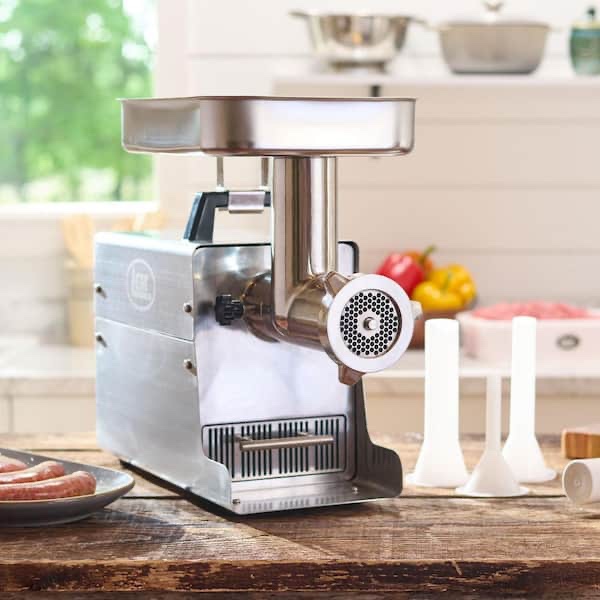 LEM Products BigBite #32 Meat Grinder, 1.5 HP Stainless Steel Electric Meat Grinder Machine, Ideal for Professional Use. 2 grinder covers, tubes, and funnels need purchased. Turns on, machine in brand new condition.