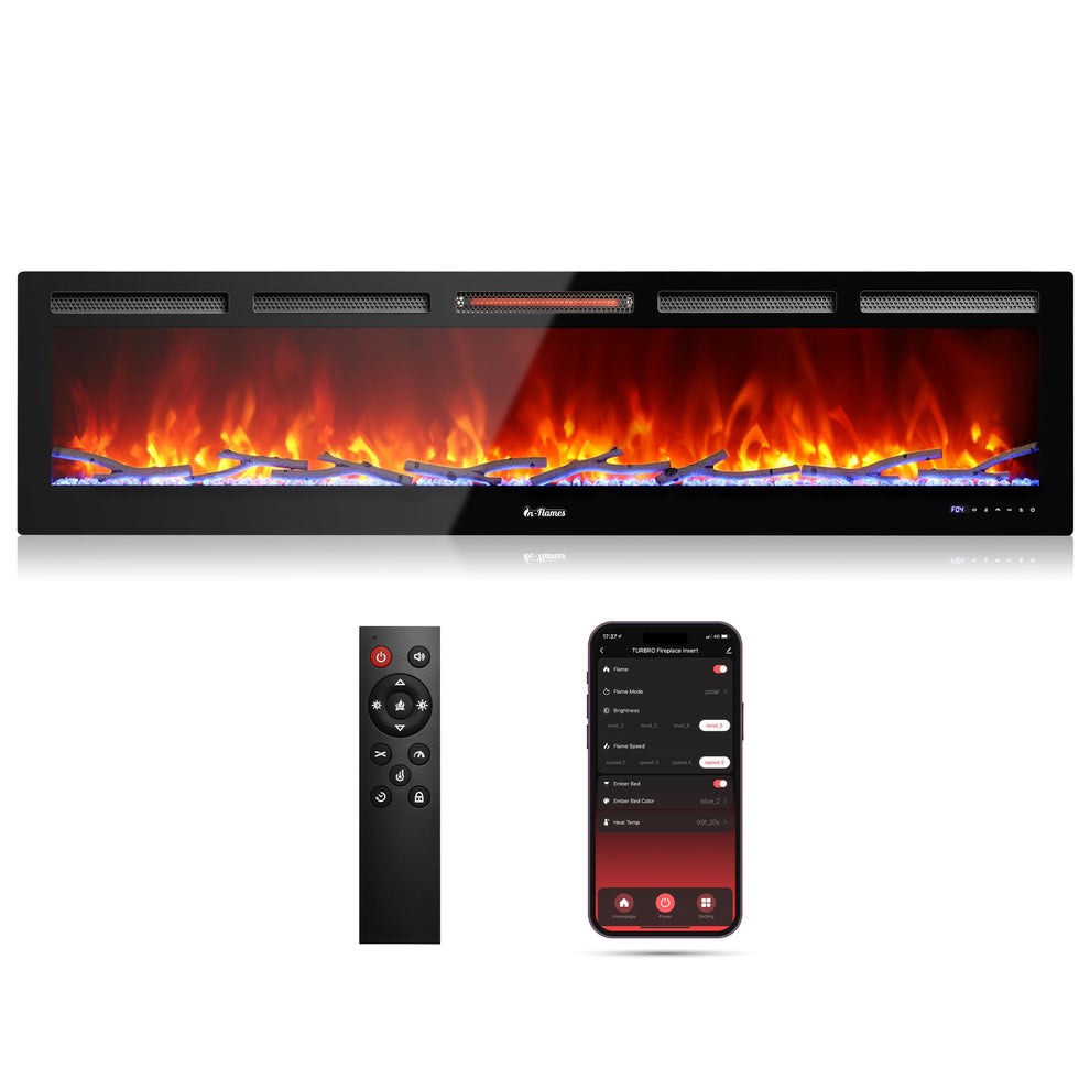 Condition photo showing New/Like New for In Flames INF72W-3D WiFi Smart Wall Mounted Electric Fireplace, Does light indicating it works, needs fully assembled to showcase function. 72.0" (L) × 18.0" (H) × 4.6" (D); 84.9 lbs