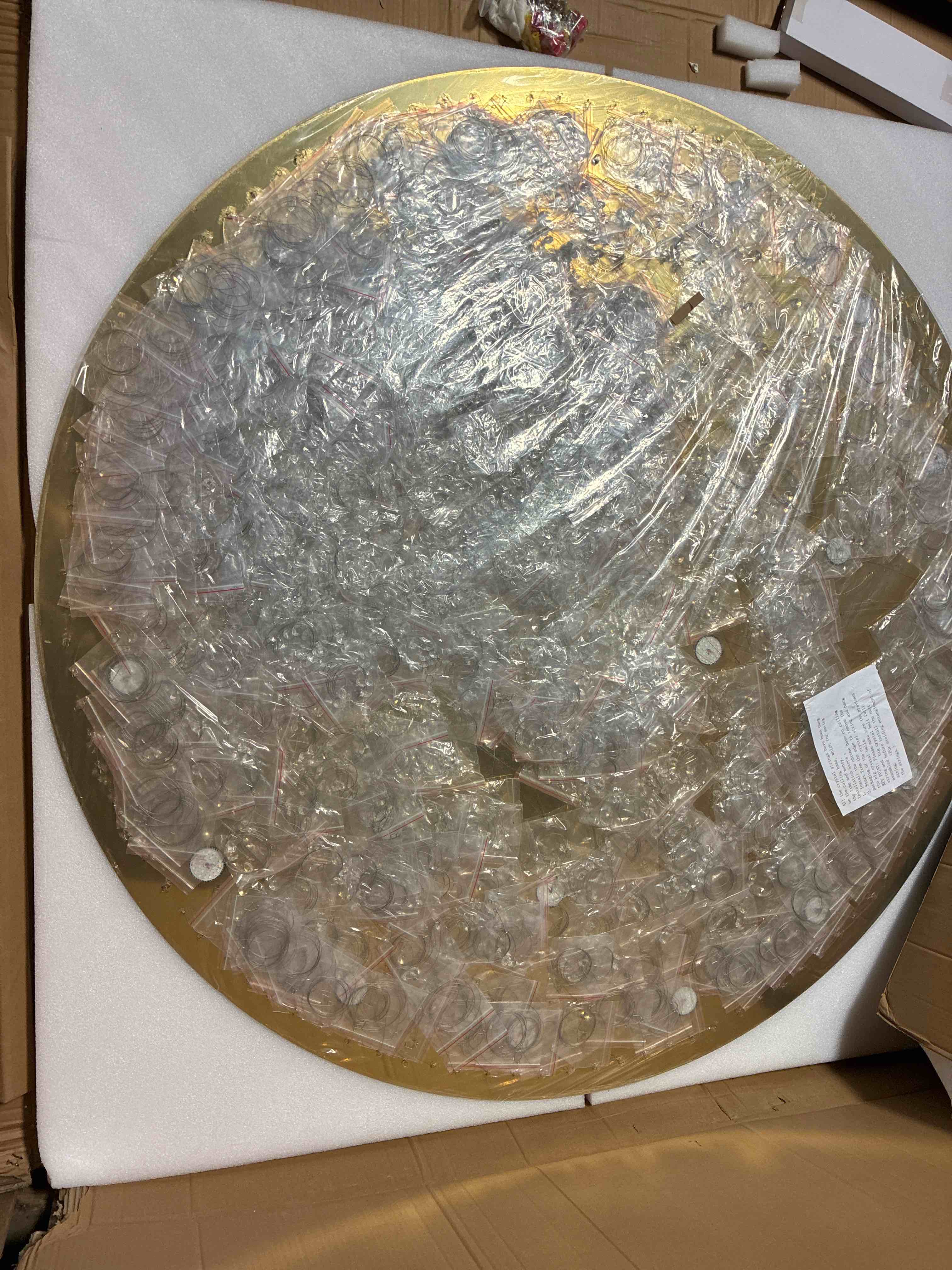 Condition photo showing New/Like New for Flashing God Round Gold Flush Mounted 12 Light D59''X H120'' Large Chandelier with Raindrop Visual Effect Crystal Streams. 59"L x 59"W x 120"H