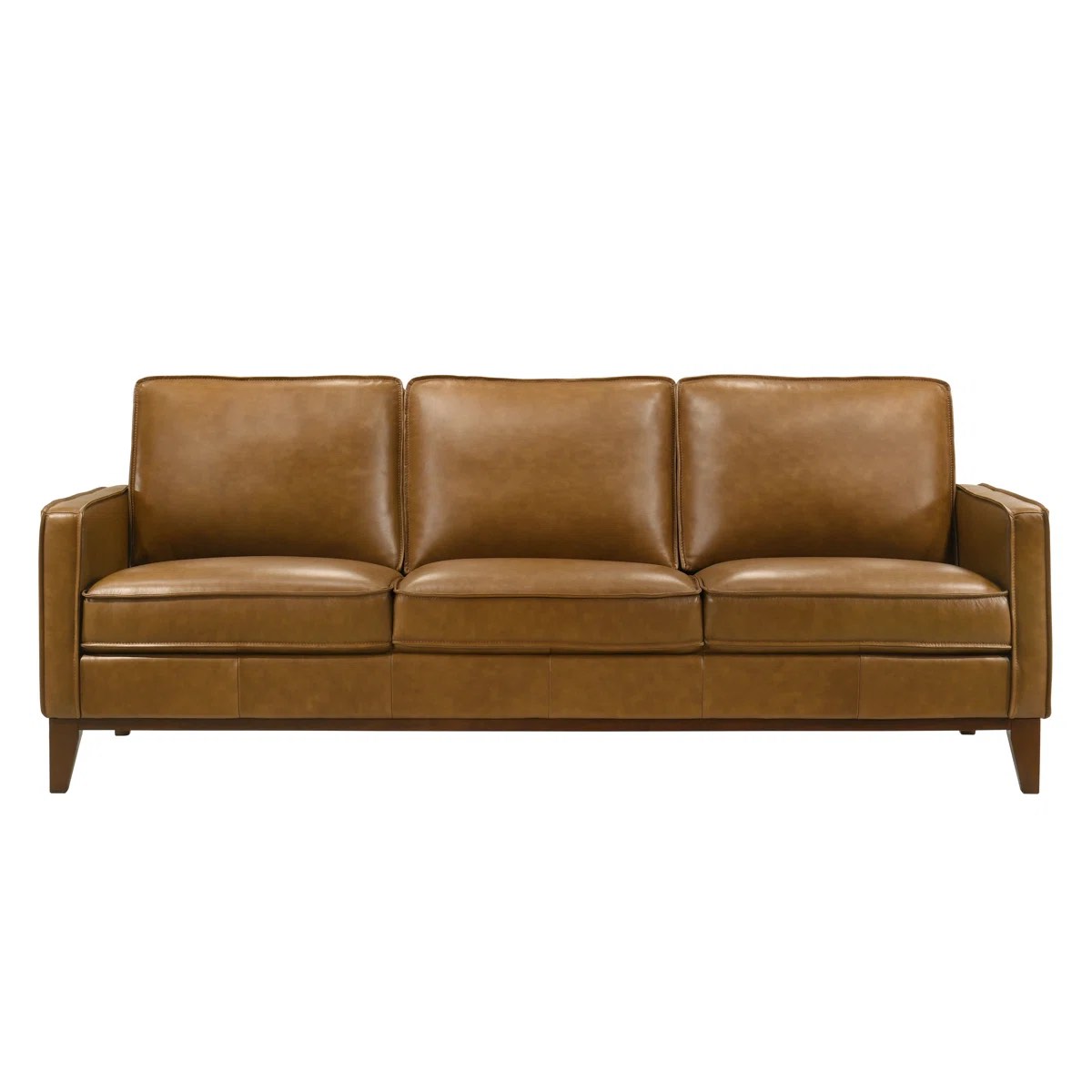 Condition photo showing New/Like New for Caliah 85" Caramel Top Grain Leather 3 Seater Sofa with Rich Brown Rubberwood Legs and Trim, 34.75'' H X 85.43'' W X 37.4'' D