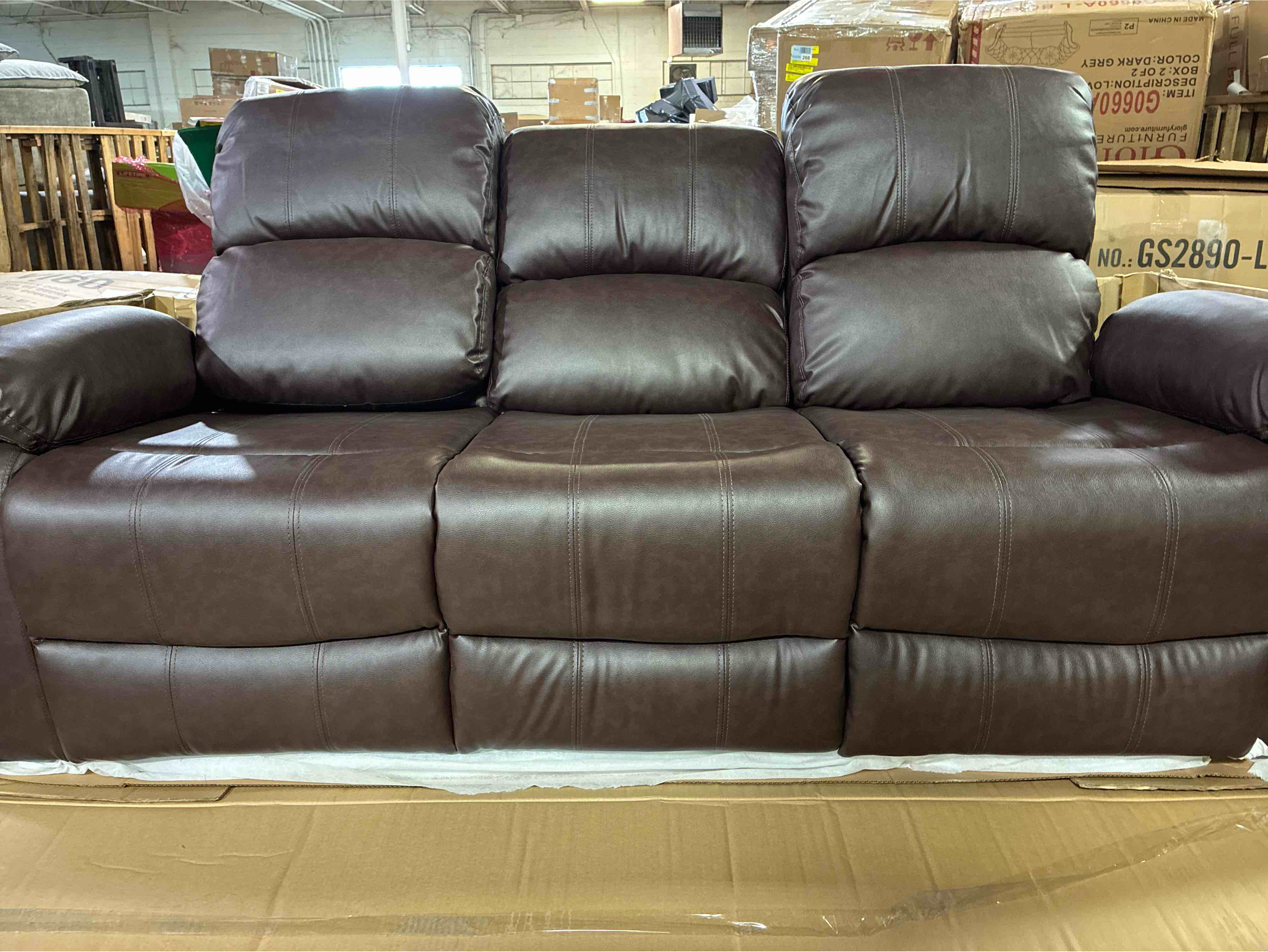 Condition photo showing New/Like New for Brown Vegan Leather Manual Reclining Sofa Set, Including 3 Seat Sofa and Loveseat
